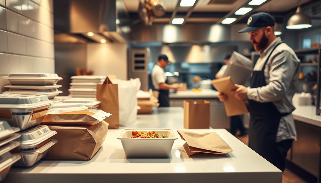 A modern, well-lit kitchen with stainless steel appliances and clean white countertops. On the counters, various packaging materials are neatly arranged - insulated food containers, sturdy paper bags, and efficient thermal sleeves. The lighting is soft and warm, creating an inviting atmosphere. In the foreground, a chef carefully packs a hot, freshly-prepared meal into an insulated container, ensuring it will stay piping hot during delivery. The mid-ground shows a courier waiting to pick up the order, ready to transport the food to its destination. The background depicts a busy restaurant kitchen, with chefs bustling about, preparing more delectable dishes. The overall scene conveys a sense of professionalism, efficiency, and care, reflecting the restaurant's dedication to delivering hot, high-quality meals.