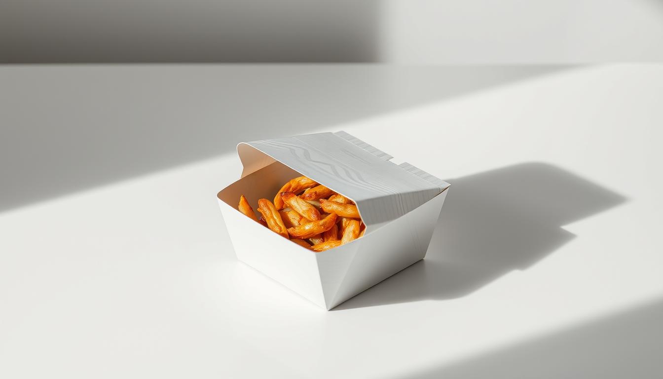 A pristine, well-designed food package sits on a clean, minimalist surface, casting soft shadows. The package's materials and construction seamlessly preserve the texture and temperature of the hot, freshly-prepared meal within. Carefully-considered lighting from above and to the side highlights the package's sleek, modern aesthetic while maintaining a natural, appetizing ambiance. The composition is balanced, emphasizing the package's role in delivering a high-quality dining experience. Every detail, from the packaging's subdued color palette to its clean lines, conveys a sense of quality, care, and attention to preserving the integrity of the food.